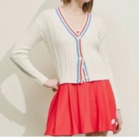 Prince Sweaters - Prince Pickleball Cable Knit Cardigan Sweater Red Blue Trim Women's Size L VNeck